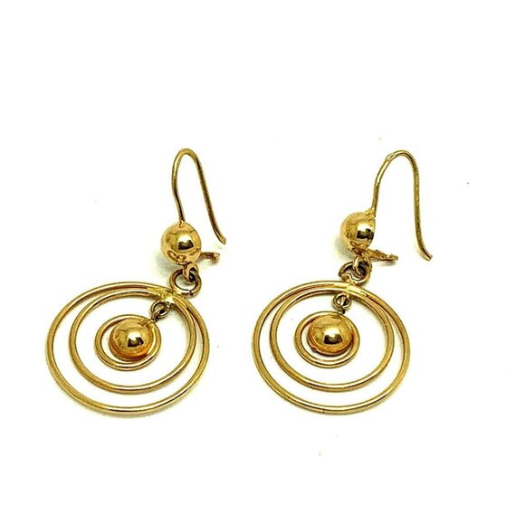 Hoops Earrings 14k Yellow Gold Concentric Circles Women's Dangle 21mm Es… - Picture 2 of 13